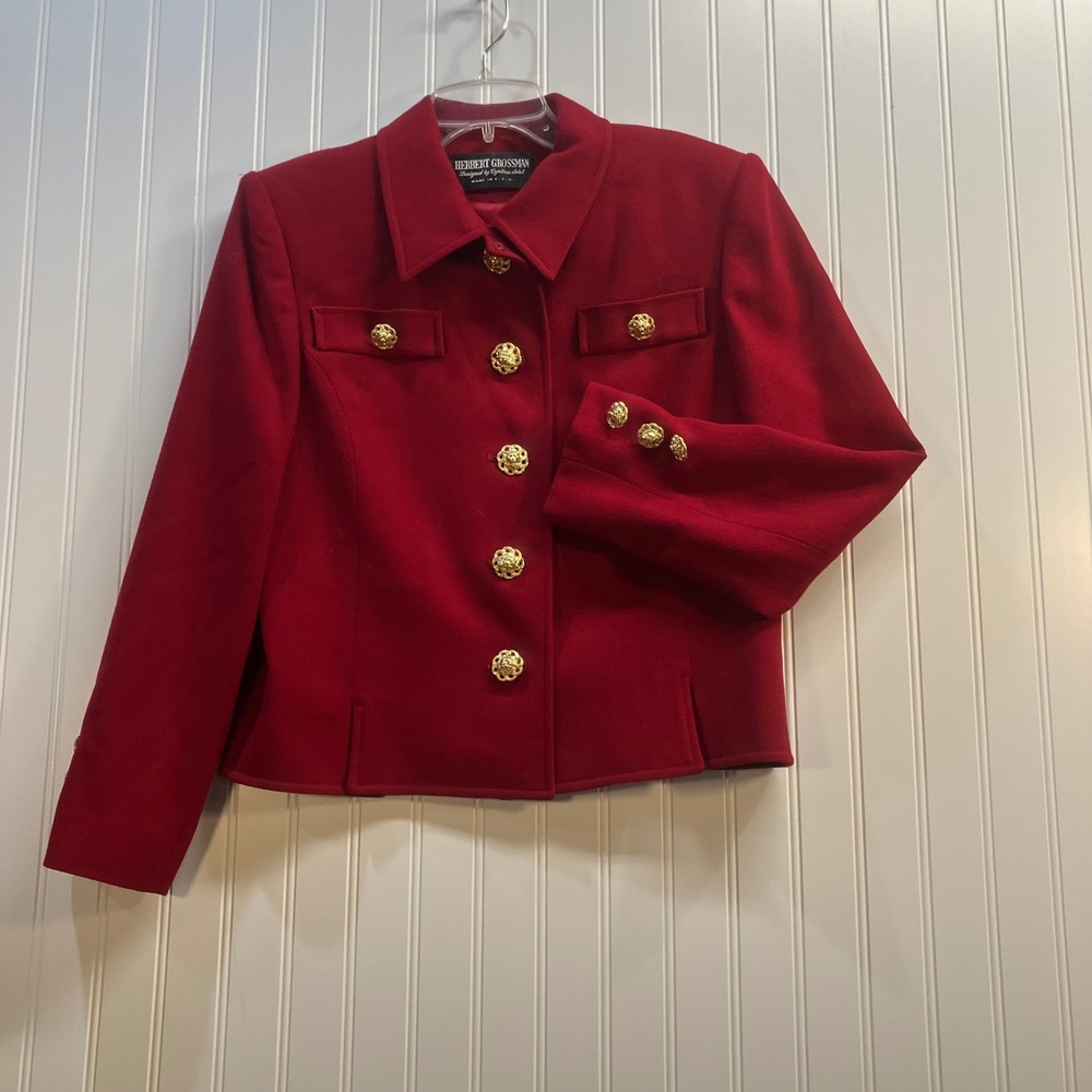 Herbert Grossman Cynthia Sobel Red Wool Jacket Saks Fifth Avenue Lion Buttons 10